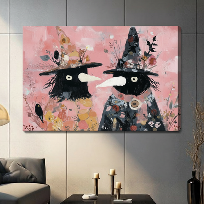 Gallery wrap canvas featuring two expressive cartoon witches in floral hats surrounded by wildflowers on a blush pink background, hung on a grey panelled wall in a contemporary living room