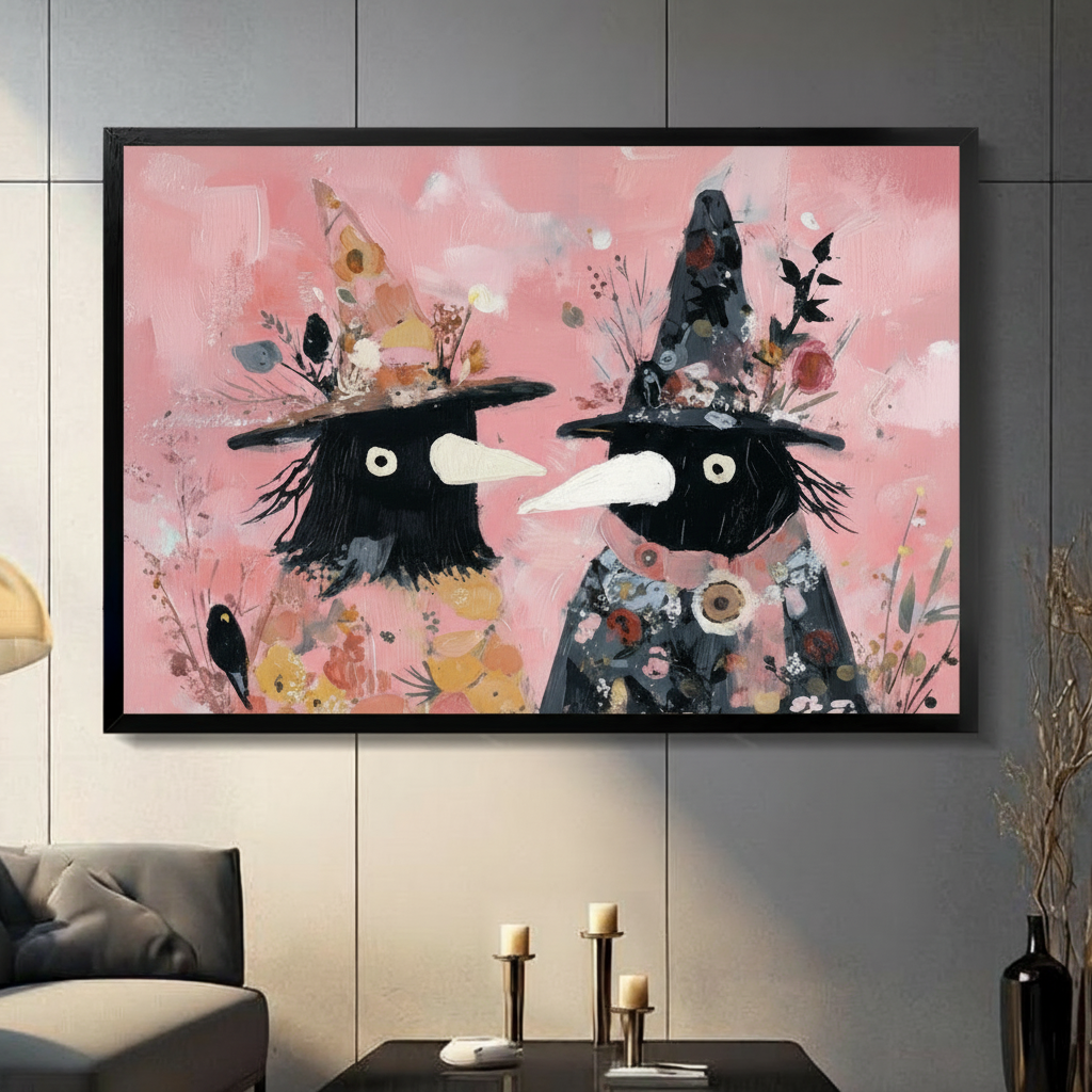 Framed whimsical wall art print of two quirky witch characters with big eyes and floral pointed hats on a pink background, displayed on a grey panelled wall in a modern living room
