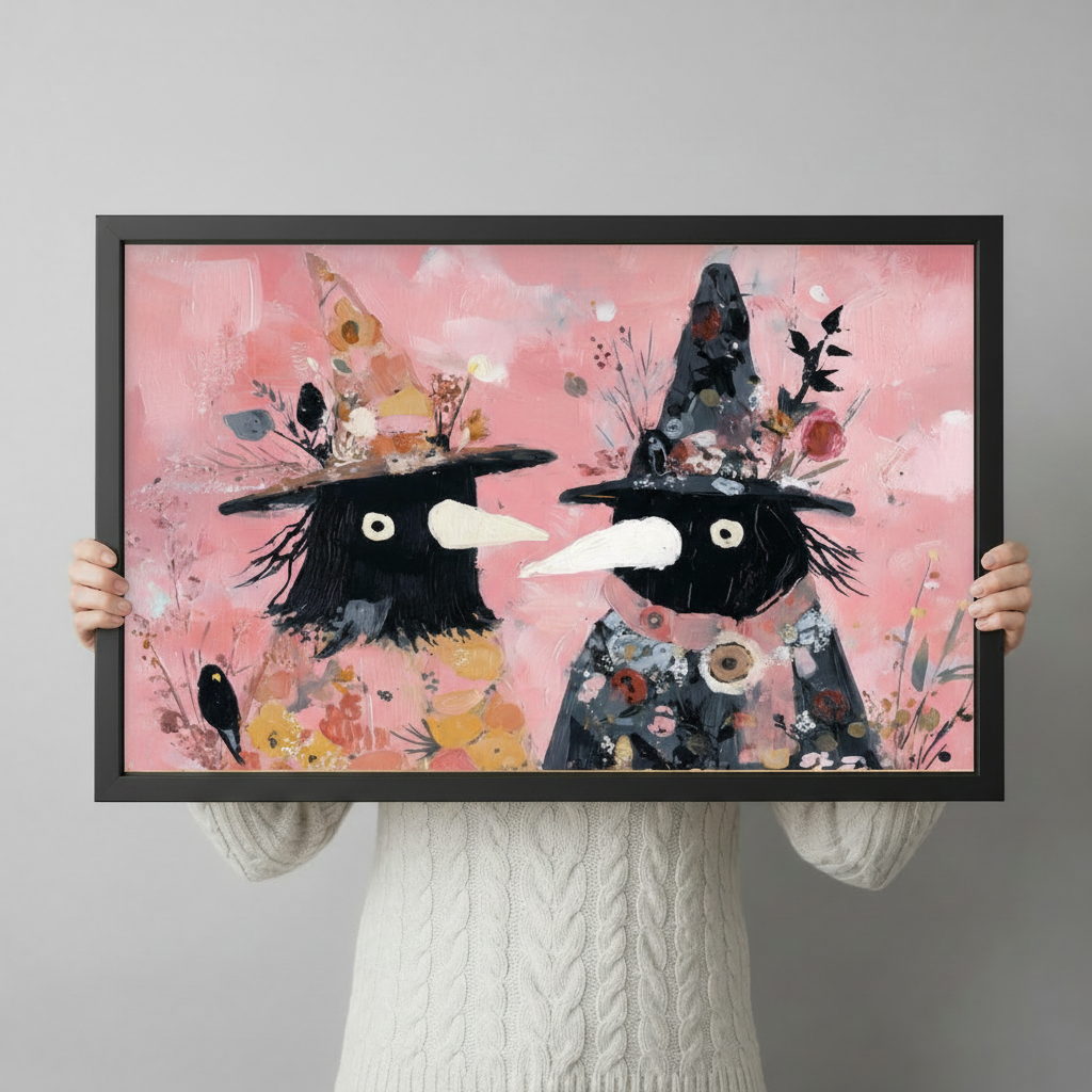 Hand-held close-up of a black-framed whimsical witch art print showing two quirky characters with wide eyes, floral witch hats, and a small black crow on a pink painterly background
