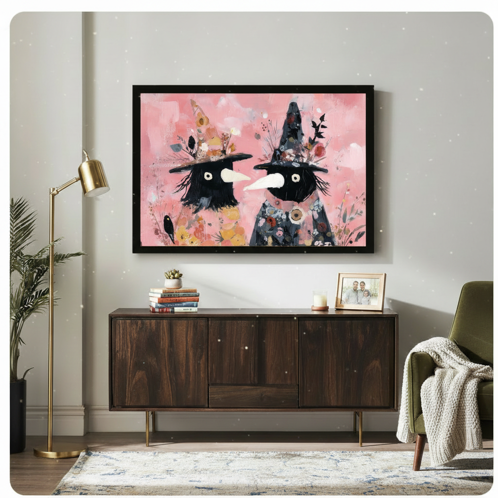Black-framed whimsical witch art print hung above a mid-century walnut sideboard in a light-filled living room, depicting two quirky witches with floral pointed hats and big eyes on a pink botanical background