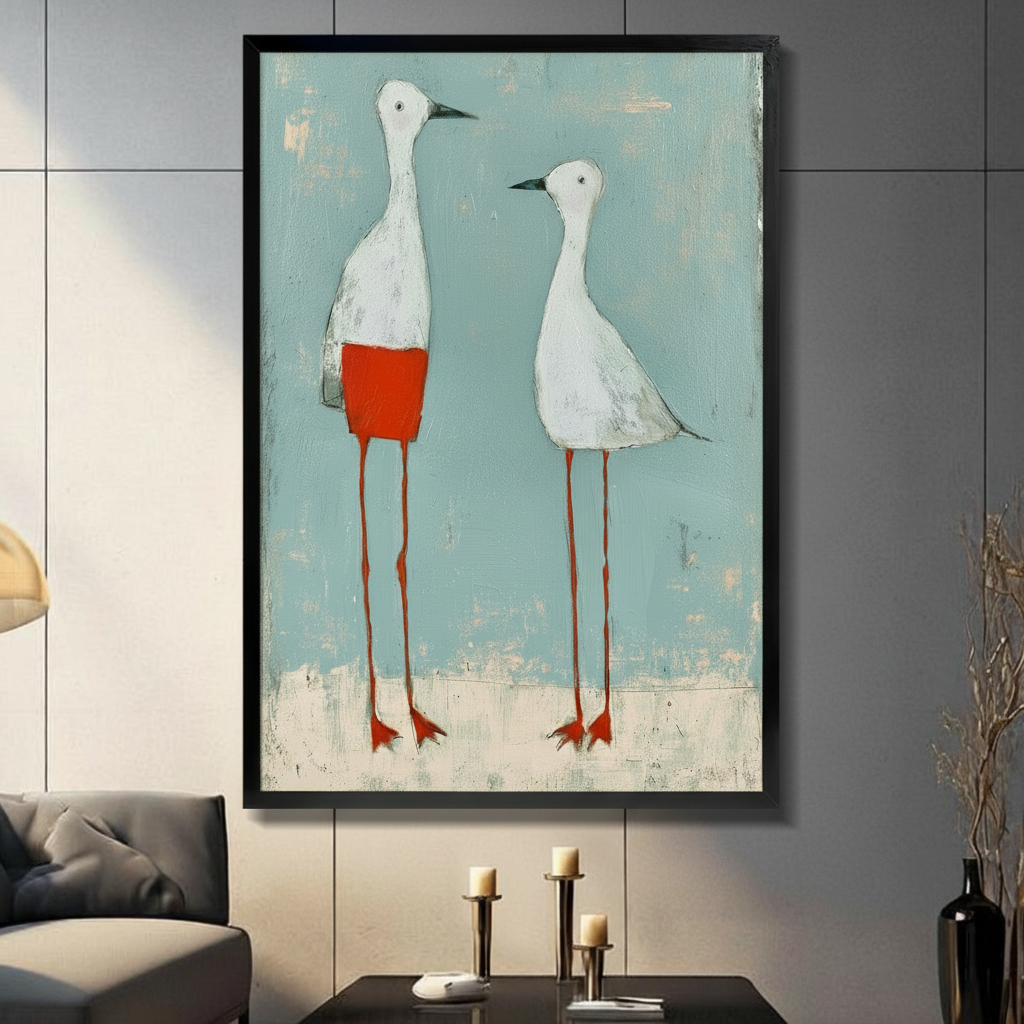Framed abstract art print of two whimsical white birds with long red legs and red shorts, displayed in a modern living room