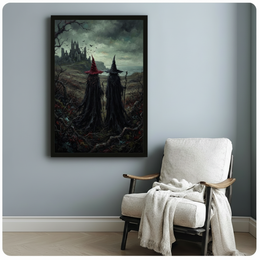 Two cloaked witches in crimson and black hats facing ruined gothic castle, dark fantasy oil painting canvas wall art in black float frame on blue-gray wall beside white linen armchair with throw blanket in modern American living room