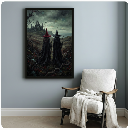 Two cloaked witches in crimson and black hats facing ruined gothic castle, dark fantasy oil painting canvas wall art in black float frame on blue-gray wall beside white linen armchair with throw blanket in modern American living room
