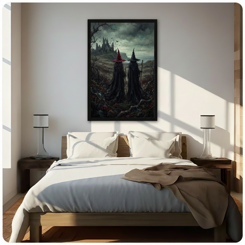 Two witches gothic castle dark fantasy canvas wall art in black float frame above wooden bed with white linen bedding and two nightstand lamps, warm sunlight with window shadow stripes on white wall in modern American bedroom