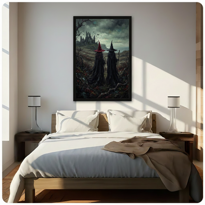 Two witches gothic castle dark fantasy canvas wall art in black float frame above wooden bed with white linen bedding and two nightstand lamps, warm sunlight with window shadow stripes on white wall in modern American bedroom