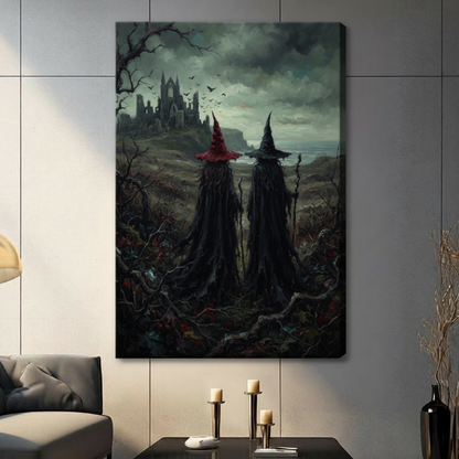 Two witches gothic castle dark fantasy impasto gallery wrap stretched canvas without frame on gray tile wall above console table with pillar candles beside gray sofa and dried floral vase in modern American living room
