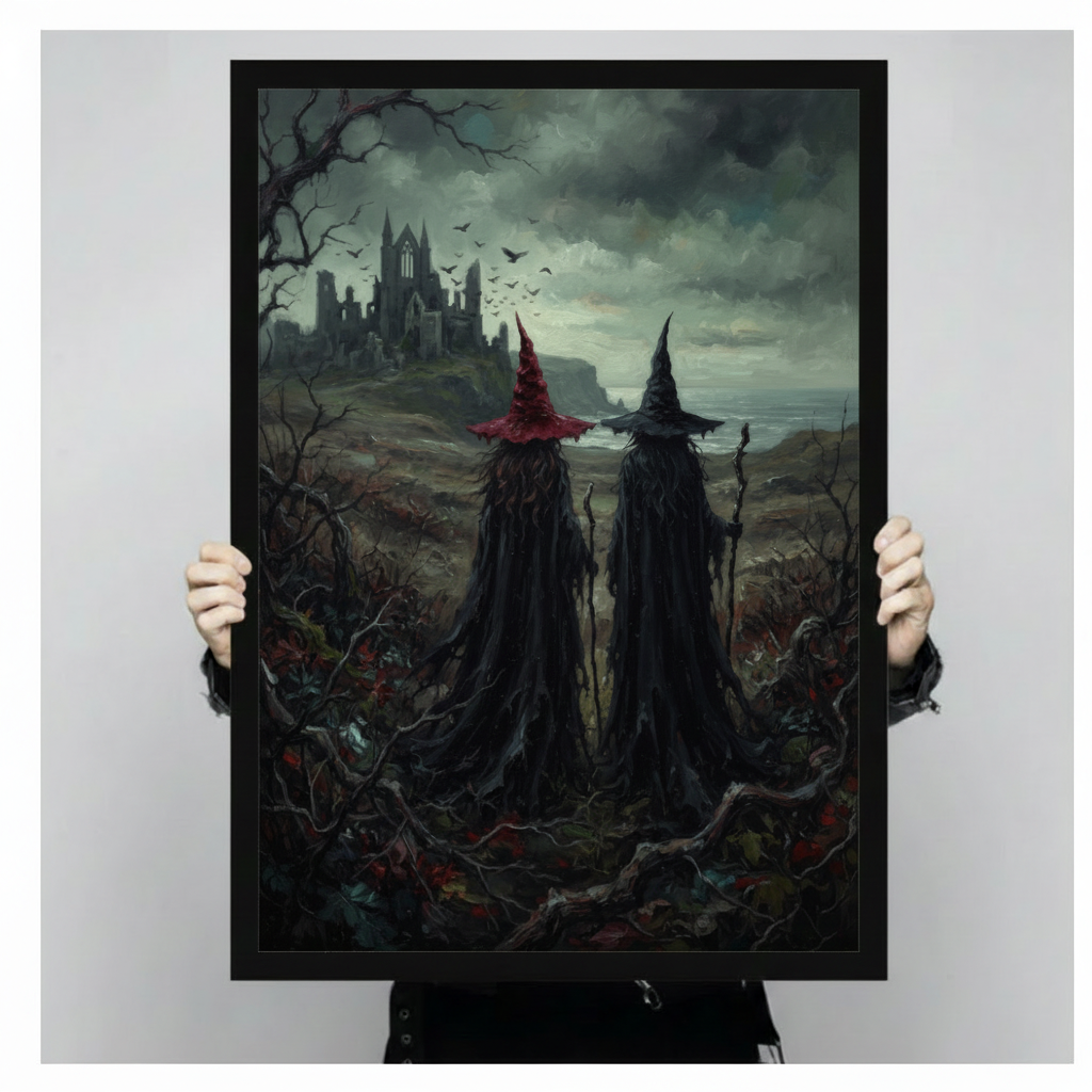 Person holding large framed canvas print of two cloaked witches in crimson and black hats standing in wild thorned moor facing ruined gothic castle under stormy sky with bats in flight, dark fantasy oil painting portrait against neutral gray background showing artwork scale