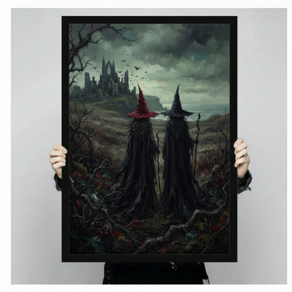 Person holding large framed canvas print of two cloaked witches in crimson and black hats standing in wild thorned moor facing ruined gothic castle under stormy sky with bats in flight, dark fantasy oil painting portrait against neutral gray background showing artwork scale