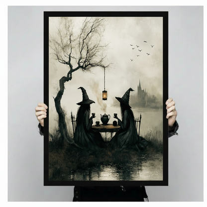 Person holding large black framed gothic art print showing two witches in pointed hats drinking tea by a lantern-lit lakeside with ravens flying overhead