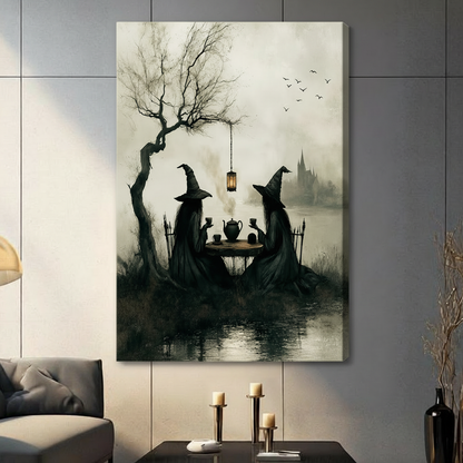 Frameless stretched canvas print featuring two dark-robed witches sharing tea beside a foggy lake with a distant gothic castle silhouette in moody sepia tones