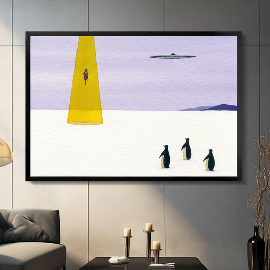 Minimalist UFO abduction wall art print with yellow beam and three penguins, displayed in black frame on dark grey wall