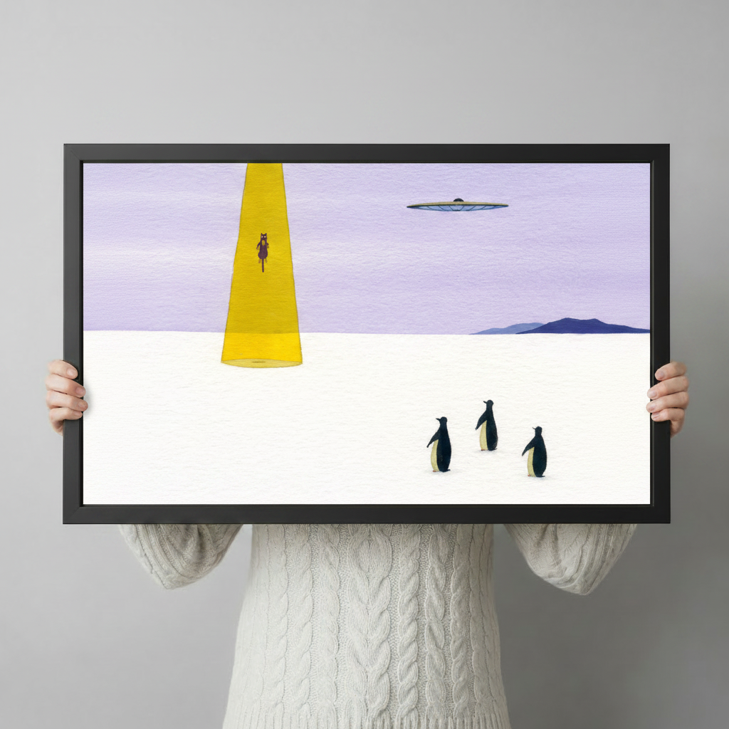 Quirky UFO abduction framed art print featuring penguins and yellow beam, held up to show print size and black frame detail