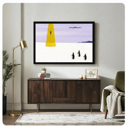 	Quirky minimalist UFO abduction art print in black frame displayed above dark walnut sideboard in eclectic living room