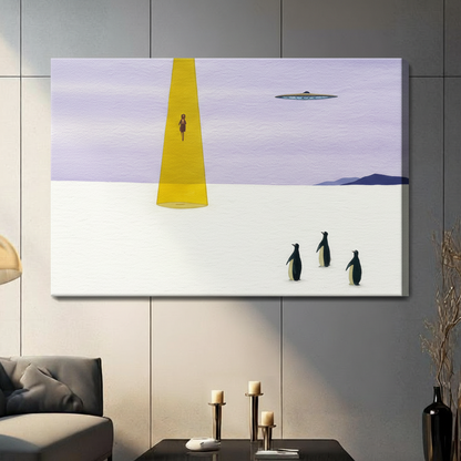 Surreal UFO and penguin canvas wrap art print with yellow tractor beam, frameless wrap style hung on grey wall