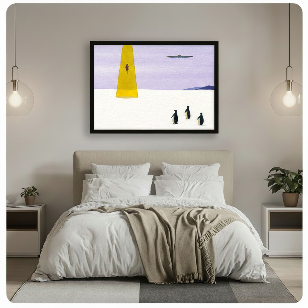 Surreal UFO and penguin framed wall art print hung above bed in modern neutral bedroom with pendant lighting