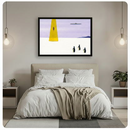 Surreal UFO and penguin framed wall art print hung above bed in modern neutral bedroom with pendant lighting