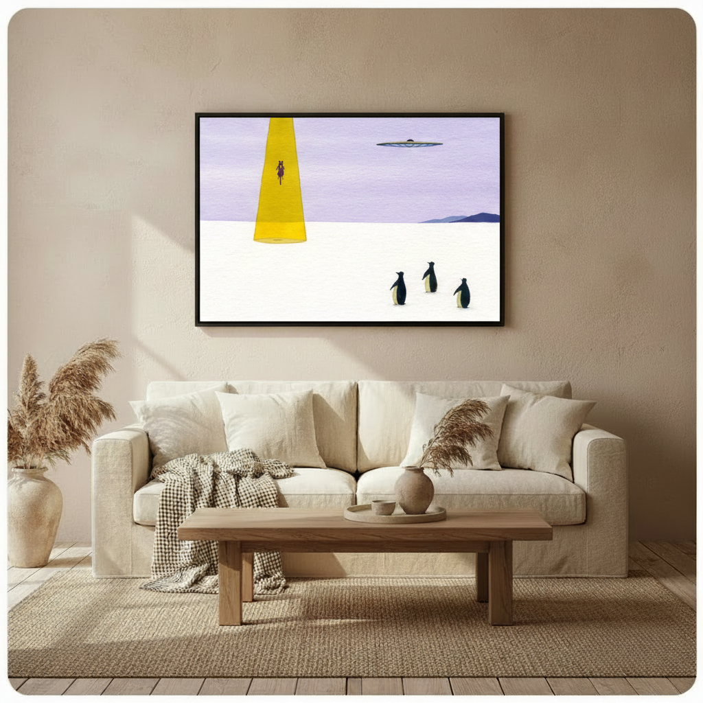 Minimalist UFO penguin wall art in black frame above cream sofa, styled in warm Scandinavian living room setting