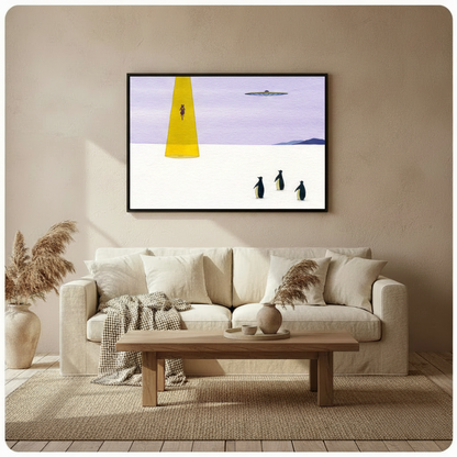 Minimalist UFO penguin wall art in black frame above cream sofa, styled in warm Scandinavian living room setting