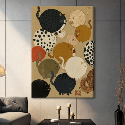 Japanese ukiyo-e inspired fat cats canvas wall art unframed, gallery wrap print with colorful round cats on kraft beige background, cat lover home decor