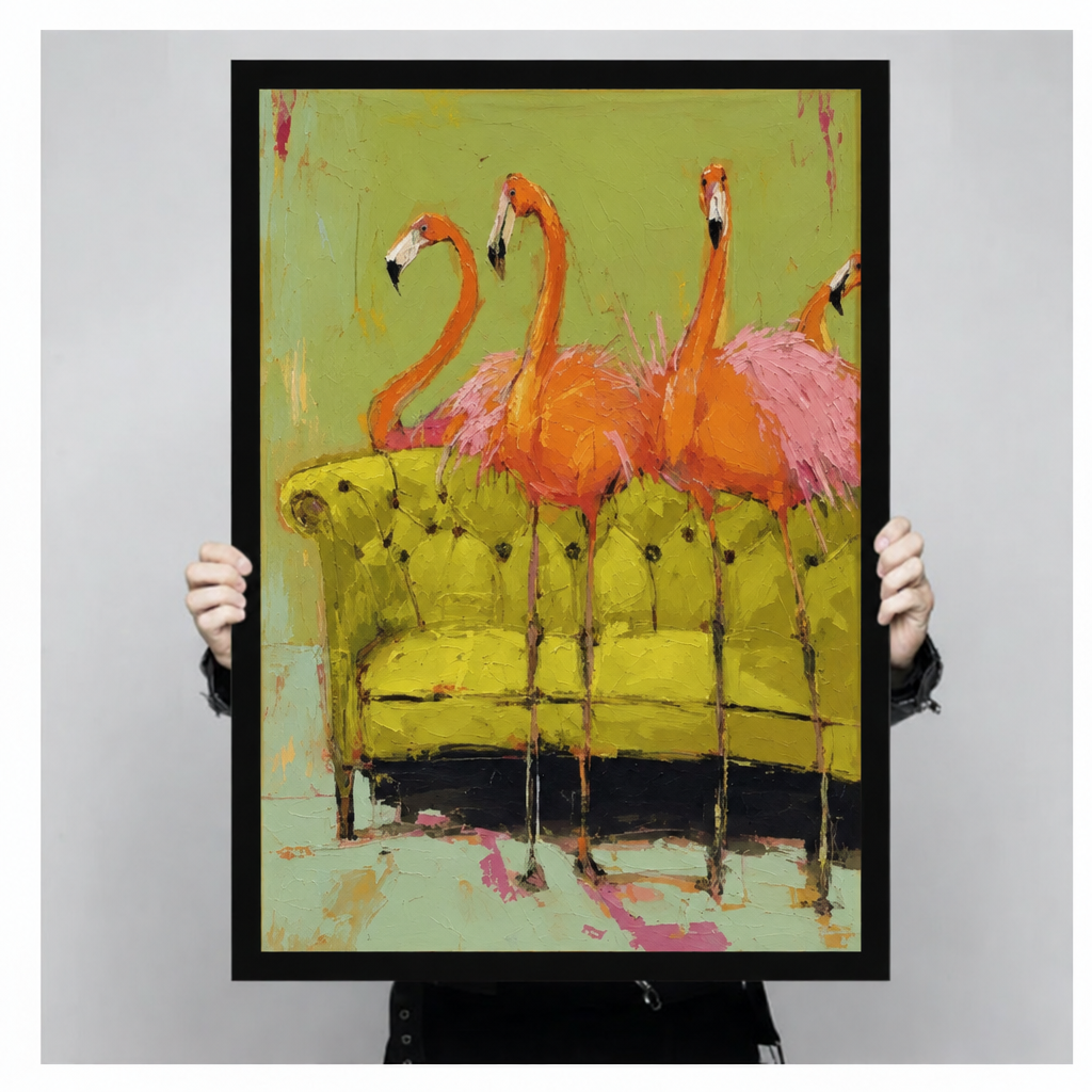 Handheld framed flamingo print featuring long-legged birds, a tufted sofa, and a green background.