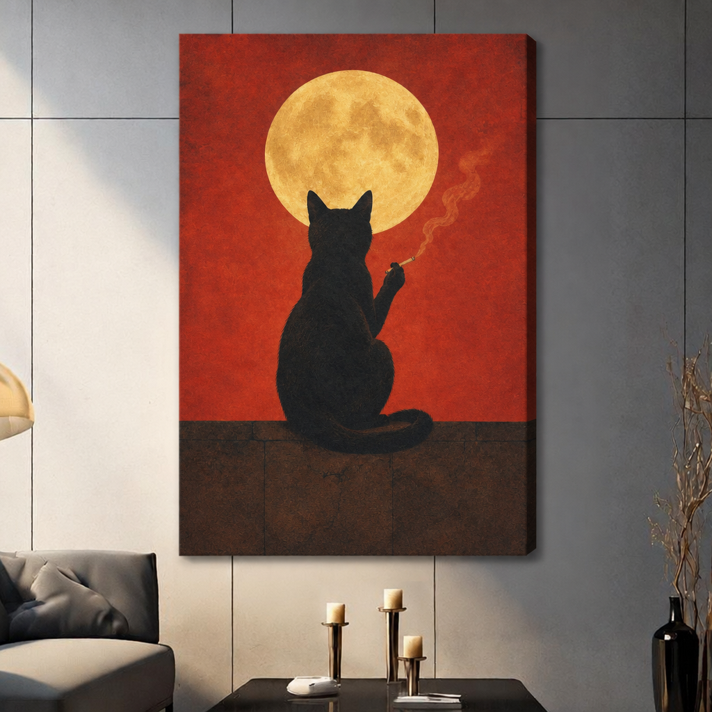 Unframed black cat moon canvas art on a paneled wall, with a golden moon against a red sky.