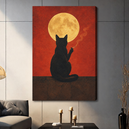 Unframed black cat moon canvas art on a paneled wall, with a golden moon against a red sky.