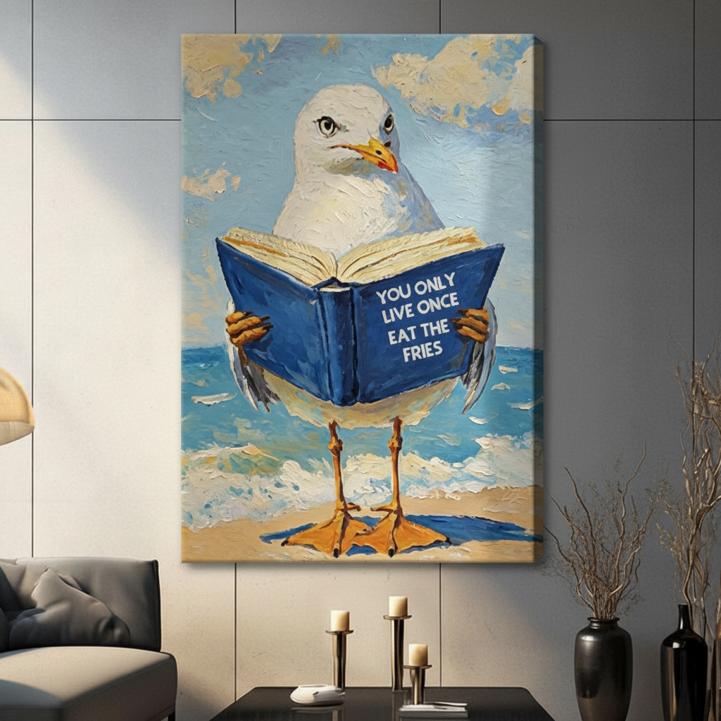 Humorous beach seagull holding a blue book gallery wrapped canvas print with YOLO eat the fries quote on a dark gray wall in a modern living room with gray sofa, black candlesticks, and decorative black vase