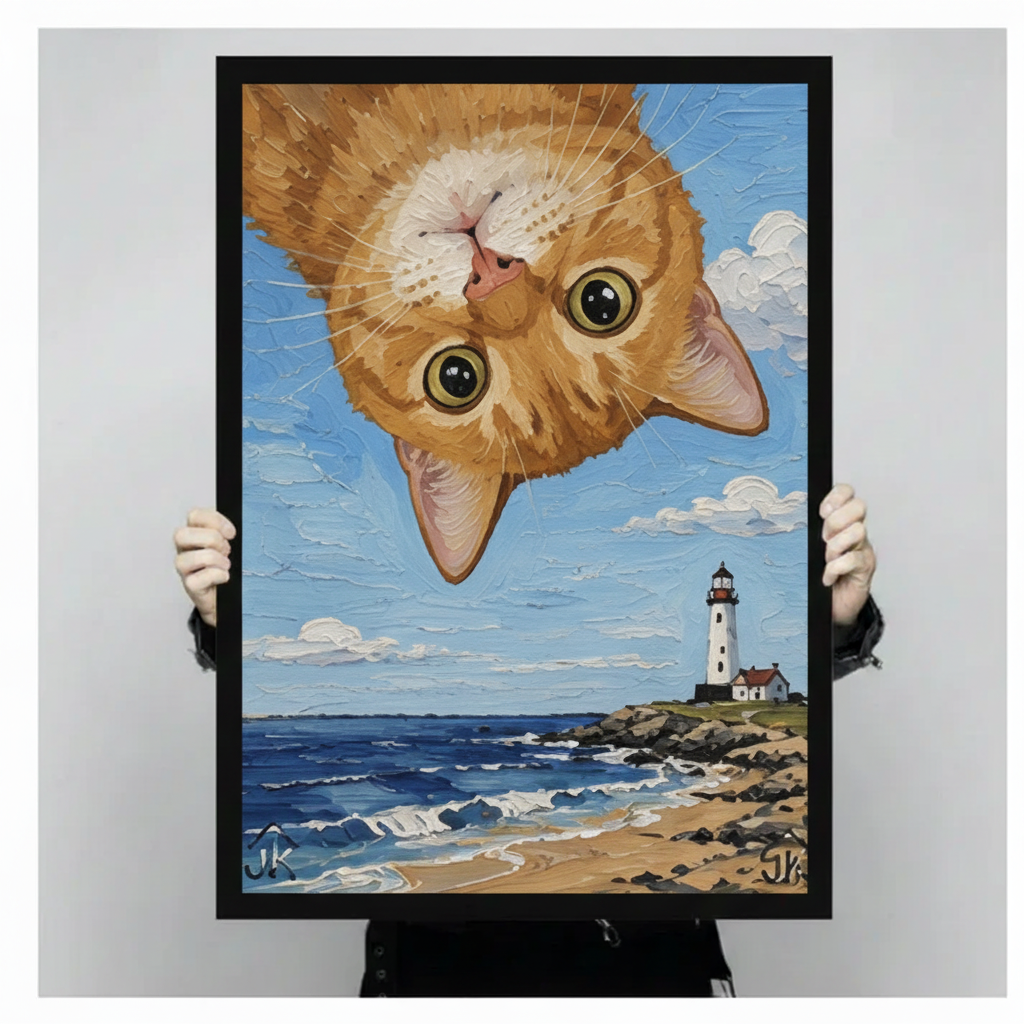 Upside-down cat lighthouse canvas print in lifestyle room setting — unique whimsical wall art for cat lovers