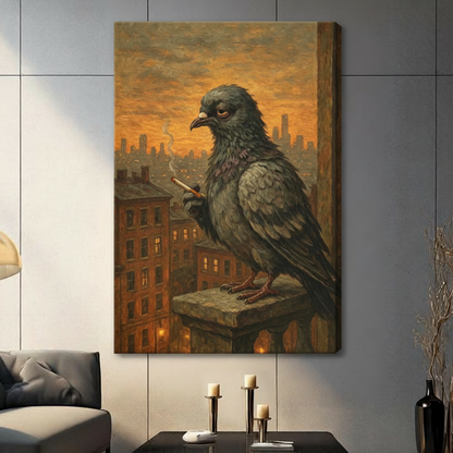Moody vintage oil painting of a large anthropomorphic pigeon perched on a city rooftop parapet holding a smoldering cigarette its dark olive-gray feathers rendered in expressive thick impasto strokes its droopy half-lidded eyes conveying cool indifference against a glowing amber dusk cityscape with illuminated red brick apartment facades and distant skyscrapers dark humor street culture bird art stretched canvas print hanging in a contemporary living room with dark gray tiled wall