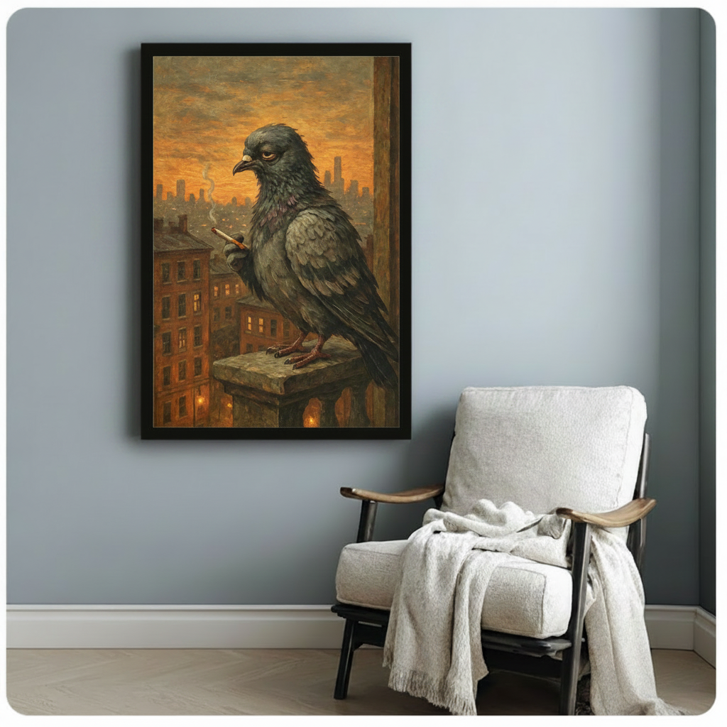 Atmospheric dark oil painting of a giant brooding city pigeon standing on a stone rooftop ledge with a lit cigarette held in its claw its heavy-lidded half-closed eyes and slouched posture radiating cynical urban cool deep gray-green feathers with subtle iridescence painted in rich impasto texture against a warm orange-amber evening skyline with glowing red brick buildings and city lights dark humor anthropomorphic bird wall art framed poster displayed beside a white fabric lounge chair with draped throw bl