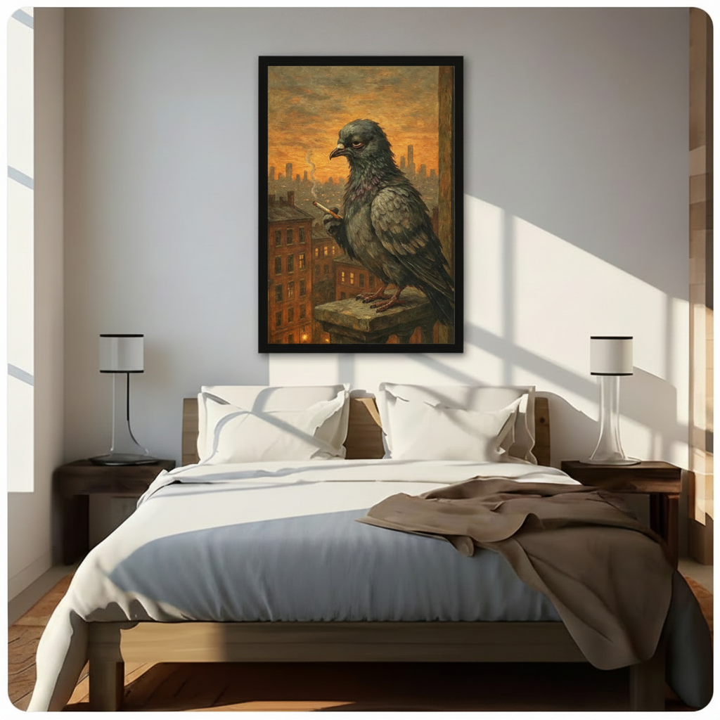 Darkly humorous vintage-style oil painting of an oversized city pigeon with iridescent dark gray-green plumage standing on a rooftop ledge clutching a lit cigarette while gazing out with droopy half-lidded eyes of pure urban ennui against a rich amber-orange sunset cityscape with red brick buildings lit windows and a silhouetted downtown skyline moody impasto texture dark comedy anthropomorphic bird wall art framed print hanging above a modern bedroom bed with white linen bedding, dark wood nightstands, and