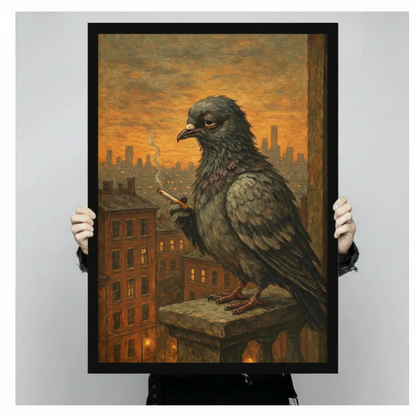 Bold dark humor oil painting art print of a massive anthropomorphic pigeon with dark gray-green feathers perched on a city rooftop stone block holding a burning cigarette in its talon with heavy-lidded sleepy eyes and a nonchalant surly expression against a warm amber golden twilight urban backdrop with red brick tenement buildings glowing windows and a hazy city skyline thick impasto painted texture funny cool street pigeon wall art framed print held up for size reference against a light gray neutral backg