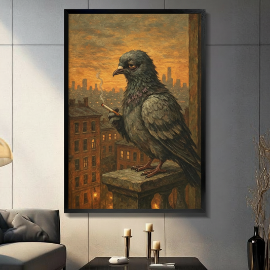 Dark humor oil painting of an oversized anthropomorphic city pigeon with deep gray-green iridescent feathers standing on a rooftop stone ledge holding a lit cigarette in one talon with heavy-lidded half-closed eyes and a brooding arrogant expression against a warm amber golden sunset cityscape background with red brick buildings glowing lit windows and a distant skyline rich impasto texture urban street art dark comedy bird wall art framed print displayed in a living room with dark gray sofa, pillar candle 