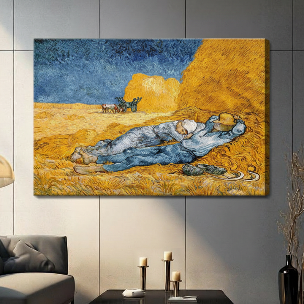 Gallery-wrapped canvas of Van Gogh's Noon Rest from Work showing two resting farmers in a golden wheat field with swirling blue sky hung above a dark console in a contemporary living room