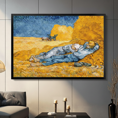  Framed Van Gogh Noon Rest from Work post-impressionist oil painting of two farmers sleeping in golden wheat field with haystack displayed above a dark wood console in a modern living room