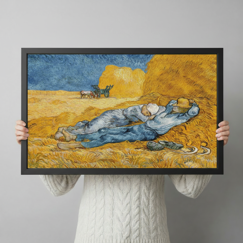 Person in white sweater holding a large black-framed Van Gogh Noon Rest oil painting reproduction showing artwork size and rich golden wheat field detail