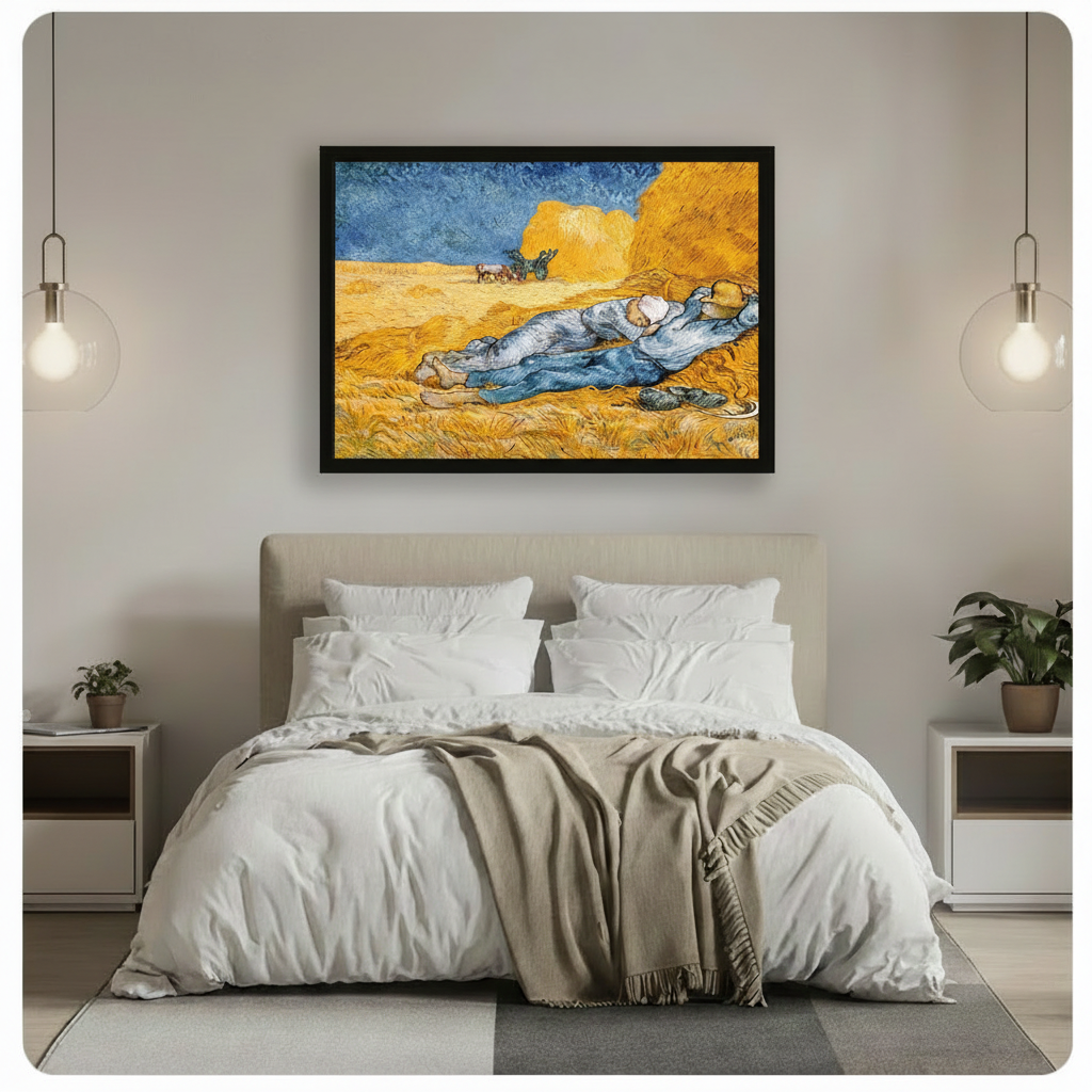  Framed Van Gogh Noon Rest from Work post-impressionist painting of sleeping farmers in golden wheat field hung above a white linen bed in a serene neutral modern bedroom