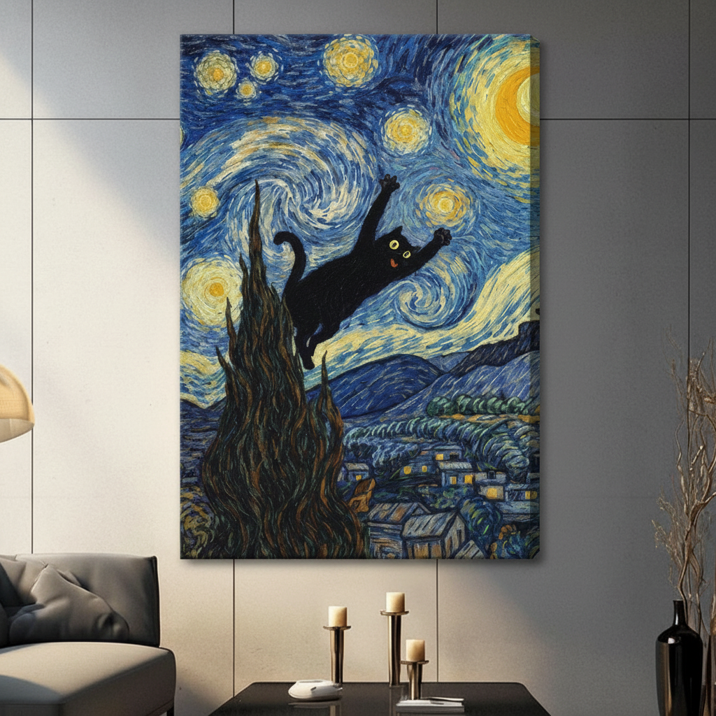 Stretched canvas Van Gogh Starry Night black cat leaping wall art featuring a playful cartoon black cat with bright yellow eyes and splayed paws mid-leap across a swirling cobalt blue and golden yellow Van Gogh Starry Night sky with a towering dark cypress tree a luminous crescent moon and a glowing village nestled in rolling hills below, hung on a gray panel wall above a dark gray sofa