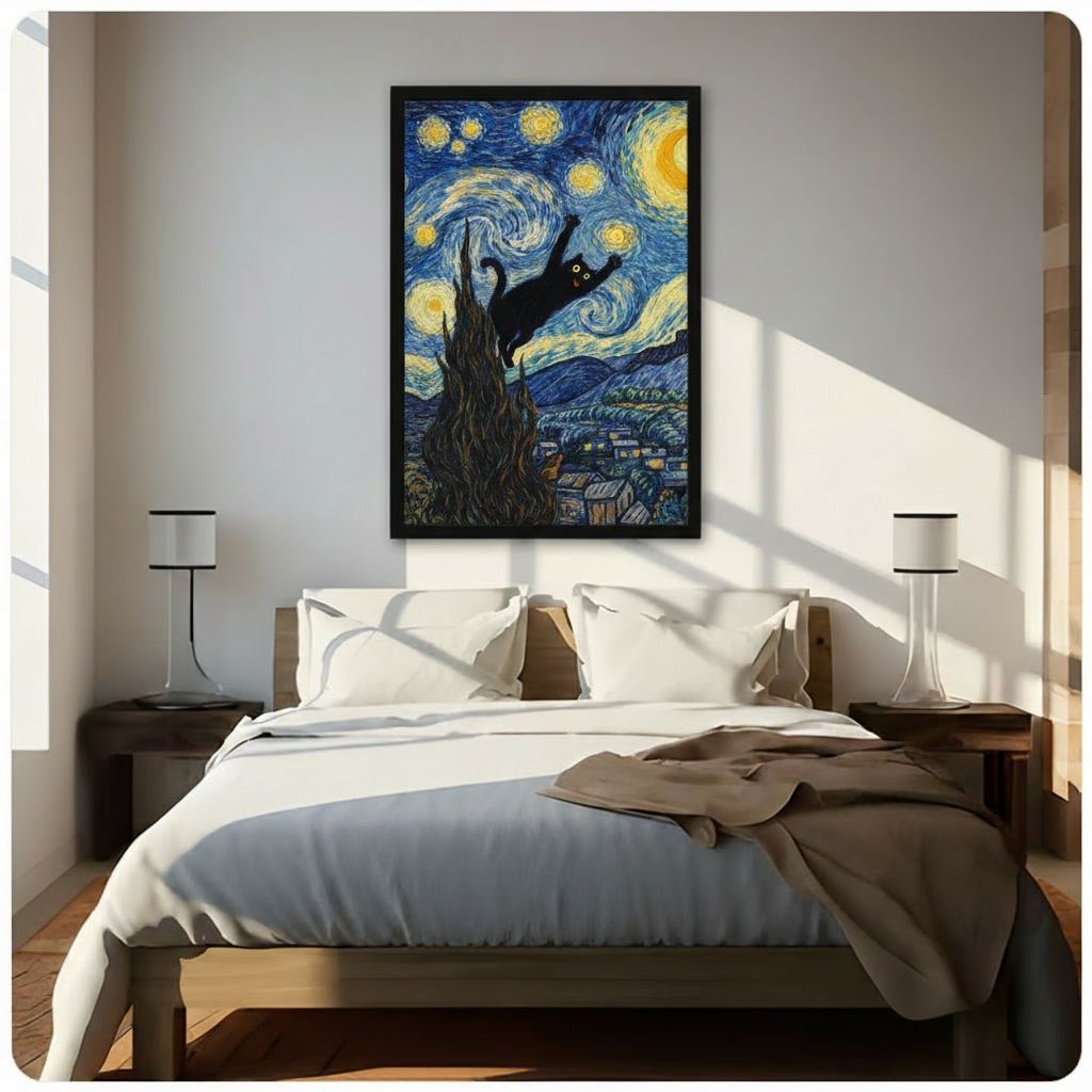 Black framed Van Gogh Starry Night black cat leaping canvas art with a playful cartoon black cat with bright glowing yellow eyes and outstretched paws mid-leap through a swirling deep blue and gold Van Gogh Starry Night sky past a towering dark cypress tree with a luminous crescent moon and a warmly lit village below, hung above a dark wood bed with white linen bedding in a sunlit bedroom