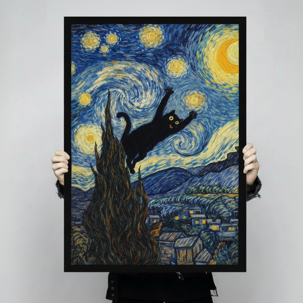 Hands holding a large black framed Van Gogh Starry Night black cat leaping canvas art print with a wide-eyed cartoon black cat with glowing yellow eyes and splayed paws leaping across a swirling cobalt blue and golden yellow Van Gogh Starry Night sky with a tall dark cypress tree a luminous crescent moon and a glowing village in rolling hills below