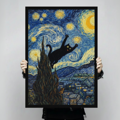Hands holding a large black framed Van Gogh Starry Night black cat leaping canvas art print with a wide-eyed cartoon black cat with glowing yellow eyes and splayed paws leaping across a swirling cobalt blue and golden yellow Van Gogh Starry Night sky with a tall dark cypress tree a luminous crescent moon and a glowing village in rolling hills below