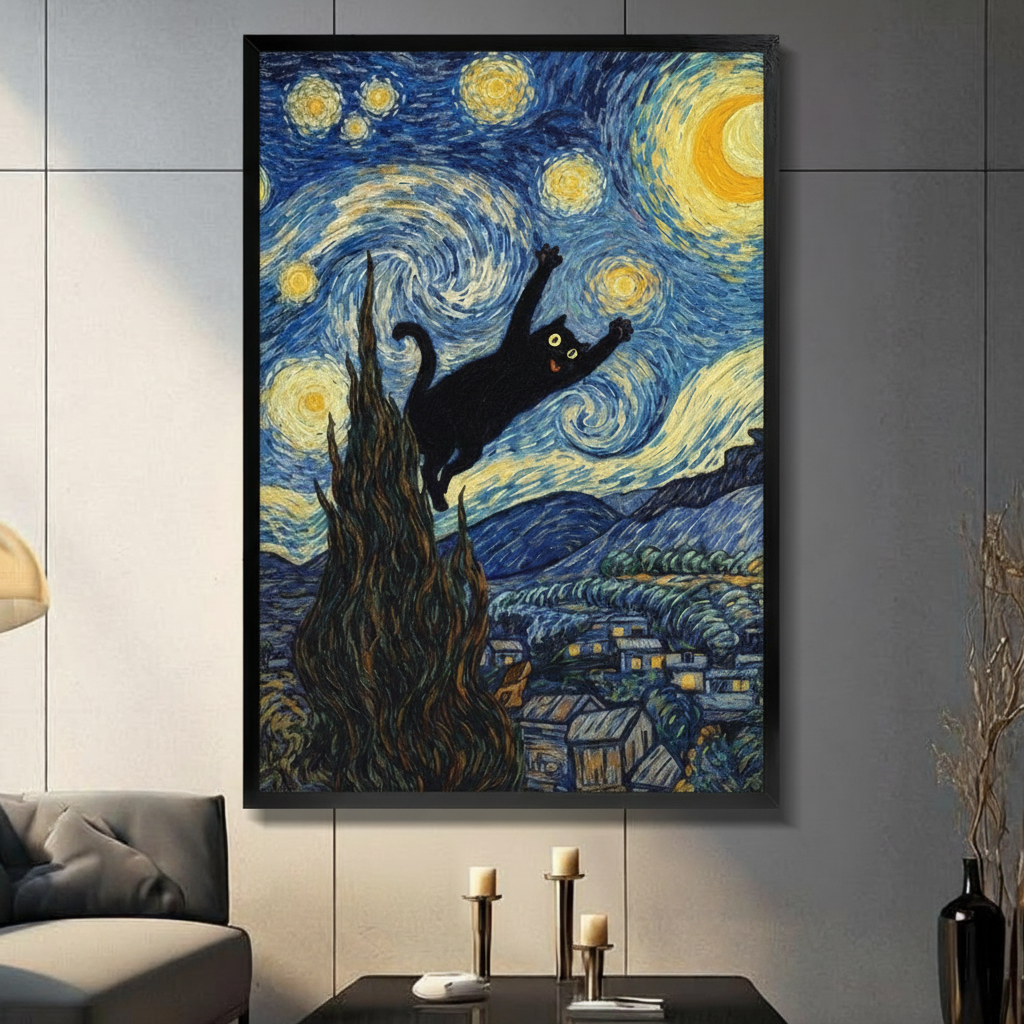 Black framed Van Gogh Starry Night black cat leaping canvas art with a wide-eyed cartoon black cat with glowing yellow eyes and outstretched paws leaping dramatically across a swirling deep blue and gold Van Gogh Starry Night sky with a tall dark cypress tree a glowing crescent moon and a twinkling village below, hung on a gray panel wall above a dark gray sofa