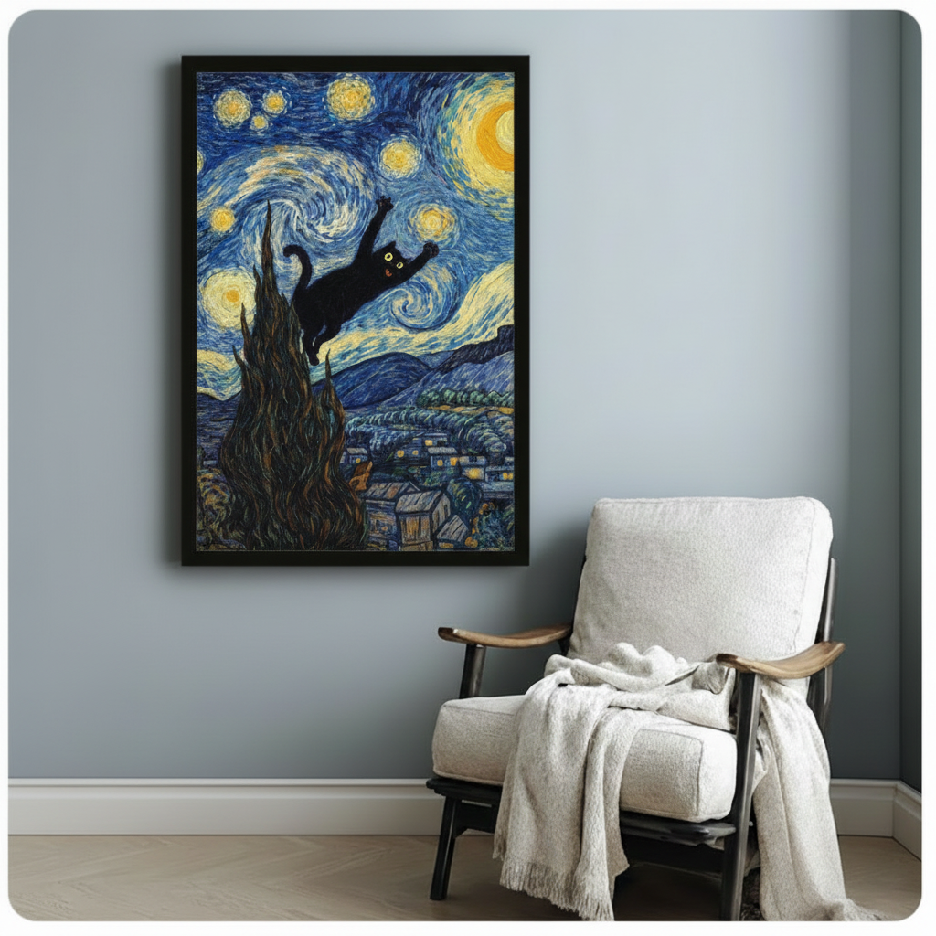 Black framed Van Gogh Starry Night black cat leaping canvas art showing a whimsical cartoon black cat with wide glowing yellow eyes and outstretched claws soaring through a swirling deep blue and gold Van Gogh Starry Night sky past a tall dark cypress tree with a glowing crescent moon and a lit village below, displayed beside a white linen wood-frame folding chair with a cream throw