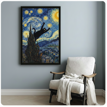 Black framed Van Gogh Starry Night black cat leaping canvas art showing a whimsical cartoon black cat with wide glowing yellow eyes and outstretched claws soaring through a swirling deep blue and gold Van Gogh Starry Night sky past a tall dark cypress tree with a glowing crescent moon and a lit village below, displayed beside a white linen wood-frame folding chair with a cream throw