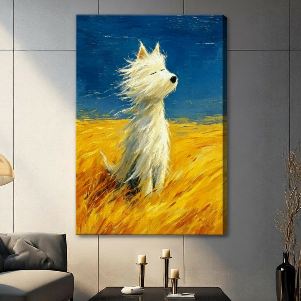 Stretched canvas Van Gogh style white Westie dog in wheat field with wind wall art featuring a serene fluffy white West Highland Terrier with closed eyes and windswept fur standing in a swirling golden amber wheat field beneath a rich deep cobalt blue sky in bold expressive impressionist oil-paint brushstroke style, hung on a gray panel wall above a dark gray sofa