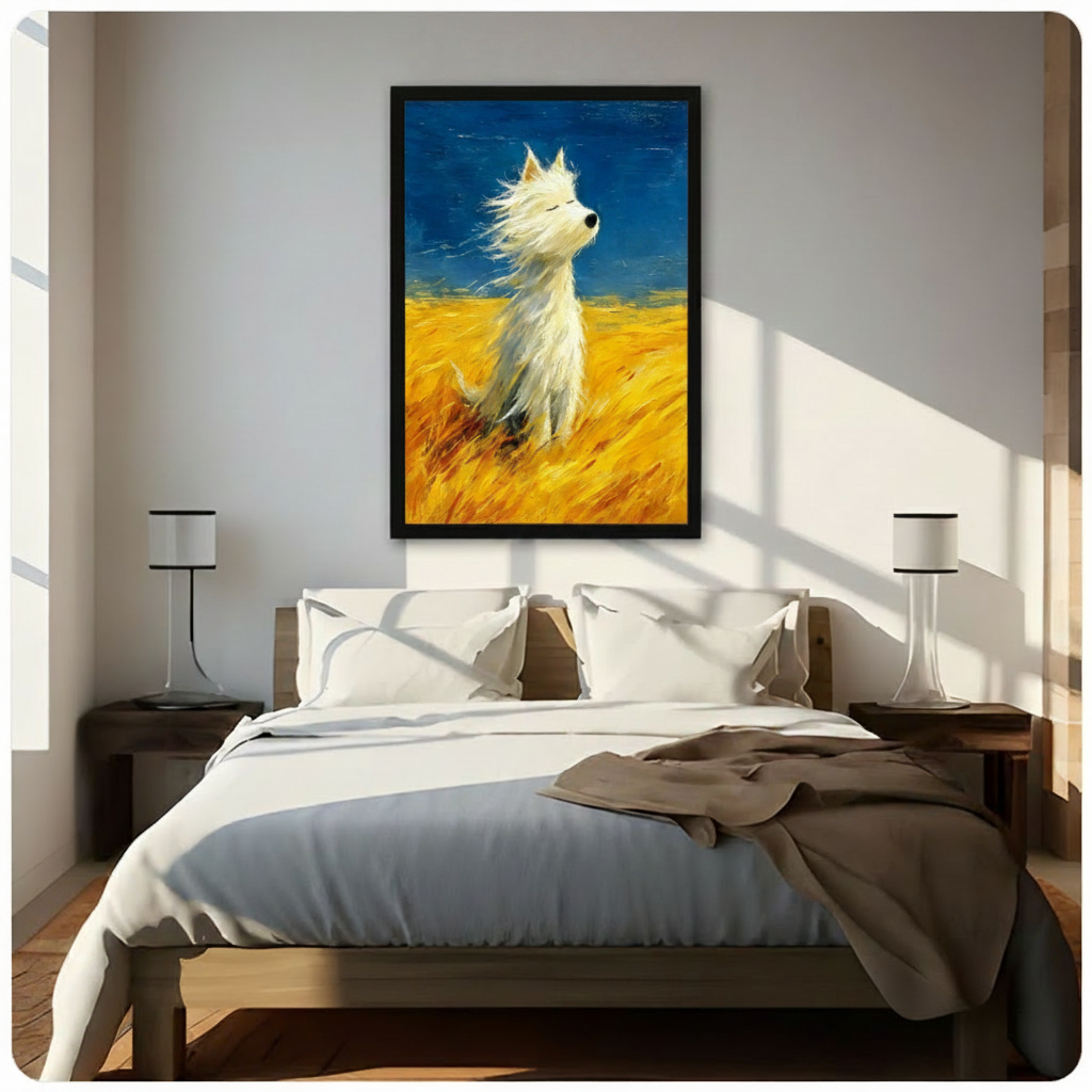 Black framed Van Gogh style white Westie dog in wheat field with wind canvas art with a peaceful fluffy white West Highland Terrier sitting with eyes closed and fur blowing in the breeze in a golden yellow wheat field under a deep cobalt blue sky in bold impressionist oil-paint style, hung above a dark wood bed with white linen bedding