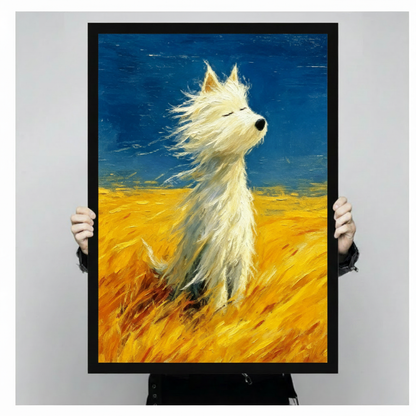 Hands holding a large black framed Van Gogh style white Westie dog in wheat field with wind canvas art print with a serene fluffy white West Highland Terrier with closed eyes and windswept fur amid a swirling golden amber wheat field under a deep cobalt blue impressionist sky in bold expressive oil-paint style
