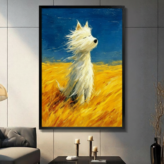 Black framed Van Gogh style white Westie dog in wheat field with wind canvas art with a fluffy white West Highland Terrier sitting serenely with eyes closed and fur blowing in the wind amid a golden yellow wheat field under a deep cobalt blue sky in bold impressionist oil-paint style, hung on a gray panel wall above a dark gray sofa