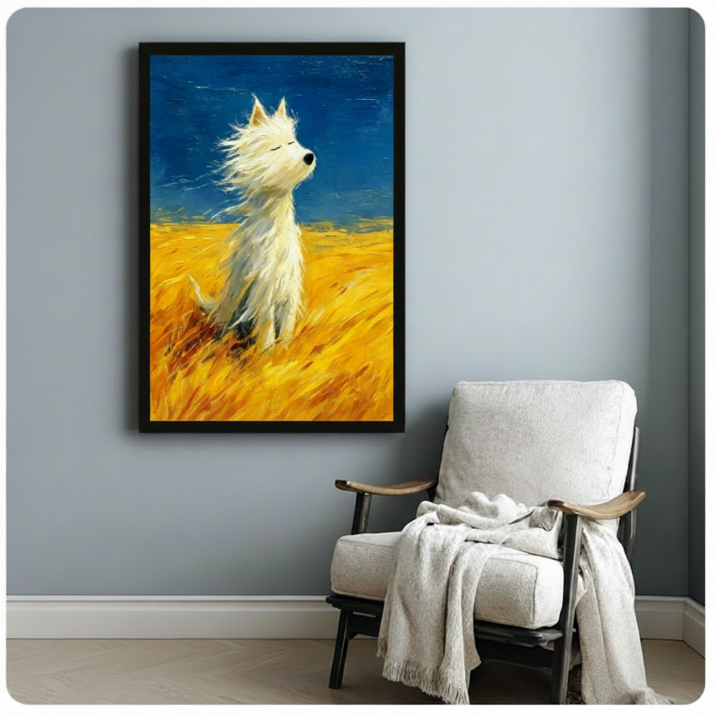 Black framed Van Gogh style white Westie dog in wheat field with wind canvas art showing a peaceful fluffy white West Highland Terrier with eyes closed and fur swept by the breeze amid a golden yellow wheat field under a deep blue impressionist sky, displayed beside a white linen wood-frame armchair with a cream throw