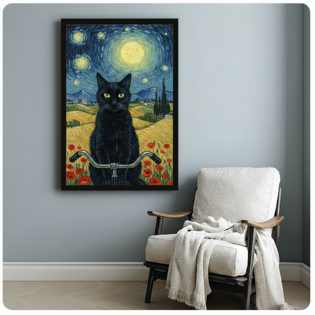 Black cat with green eyes on a bicycle framed art print in Van Gogh swirling sky style, hung on a blue-gray wall beside a linen accent chair